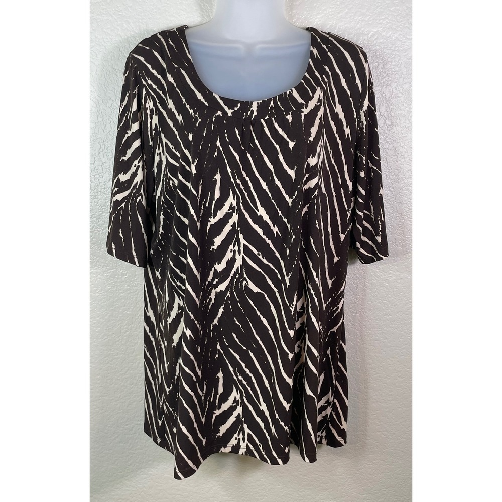 Susan Graver Womens Large Tunic Top Brown Zebra Print Short Sleeve Scoop Neck
